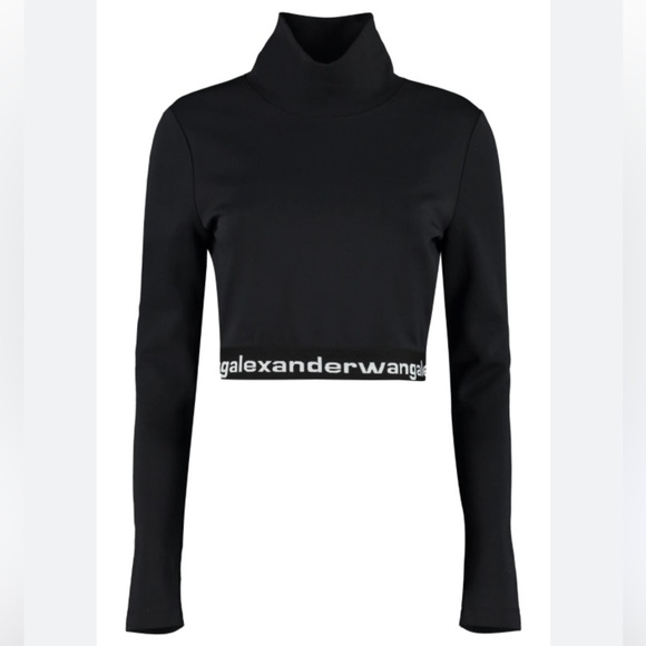 Alexander Wang Logo Elastic Cropped Mock Neck Top Long Sleeve Black - Picture 7 of 15